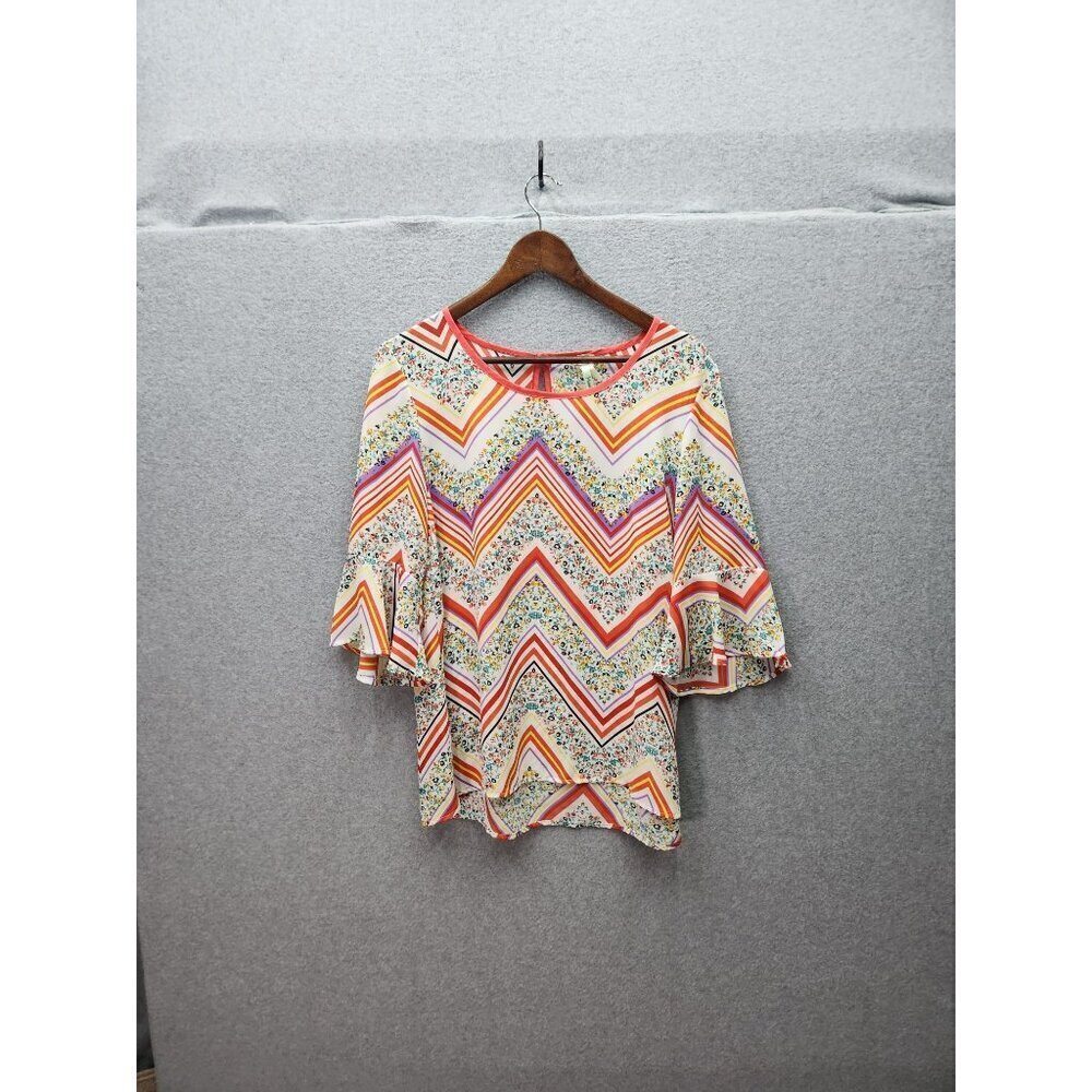 Colorful‎ Floral Chevron Pattern Womens Blouse With Flared Sleeves